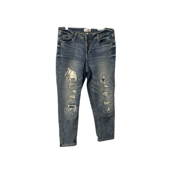 Black Daisy Relaxed Skinny Jeans Women's Distressed Paint Splatter Button Fly - Picture 2 of 6